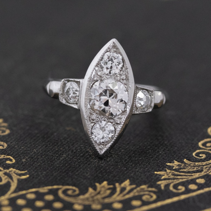 1.08ctw Vintage Old European Cut Navette Dinner Ring