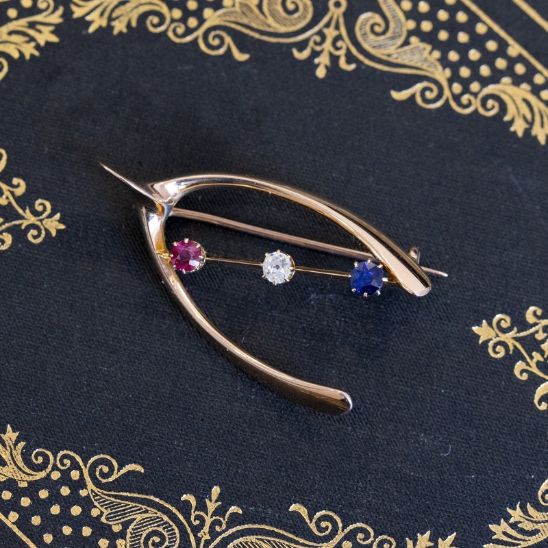 Victorian Diamond, Ruby, and Sapphire Wishbone Brooch